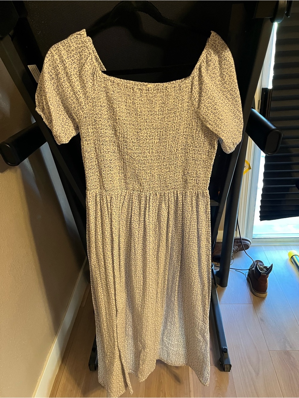 Light Cream Smocked Midi Dress with Subtle dark blue print
